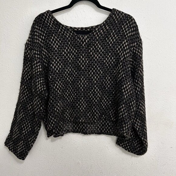 Teri Inman Sweaters - Teri Inman Handwoven Hand Comb Knitted Crop Sweater Black Gray Intricate Woven M